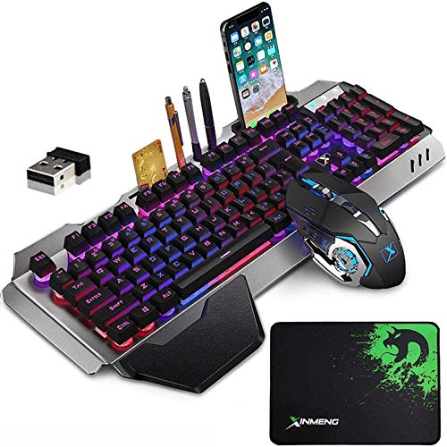 Wireless Membrane Gaming Keyboard and Mouse with Rainbow LED Backlit-Purple | Rechargeable 4800mAh Battery,Metal Panel,Ergonomic,Waterproof,Dustproof,7 Color Mute 2400 DPI Mice for Computer PC Mac Gamer - color: Purple Mixed