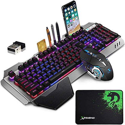 Wireless Membrane Gaming Keyboard and Mouse with Rainbow LED Backlit-Purple | Rechargeable 4800mAh Battery,Metal Panel,Ergonomic,Waterproof,Dustproof,7 Color Mute 2400 DPI Mice for Computer PC Mac Gamer - color: Purple Mixed