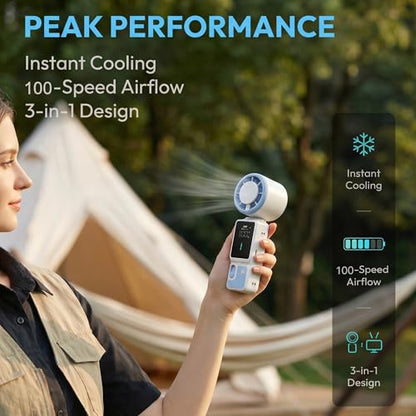 Portable Handheld Fan, 100-Speed Turbo Rechargeable Mini Fan | 3-in-1 Wearable Foldable Fan with Ice Compress Cooling. Ideal for Travel, Outdoor, Office. Compact & Long Battery Life. - color: White&Blue