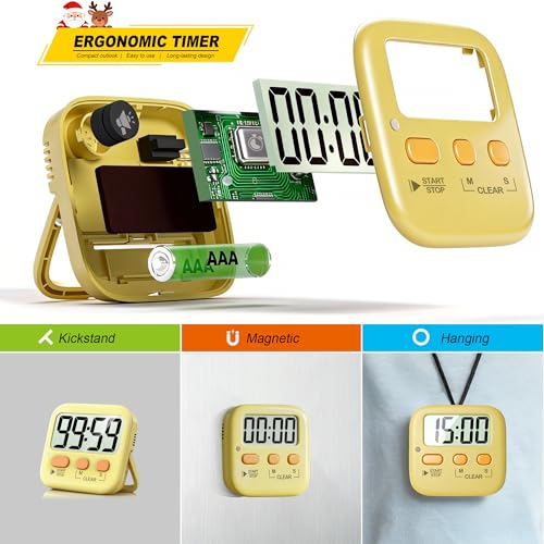 2 Pack Digital Timer for Kids Classroom Kitchen Timers for Cooking | w/ Battery, Easy to View, Alarm, Mute Mode, Count Down/Up, Magnetic, Kickstand, Hanging, Classroom Timer for Teacher Supplies - color: Yellow