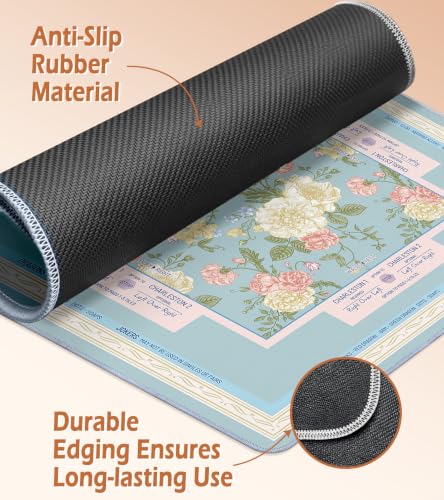 Travel Mahjong Mat Table with Rules Mah Jong Mat Neoprene Chinoiserie Floral Majong Learning Mat Instructions Mahjong Gifts Women Unique Non-Slip Rubber Pad, 21" x 21", Blue Pink - color: Blue Flower, size: 21" x 21"