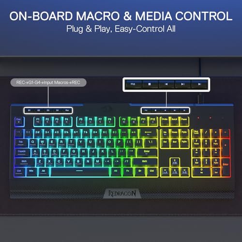 Redragon K525 RGB Backlit 104 Keys Wired Membrane Gaming Keyboard w/ 5 Multimedia Keys & 4 Extra On-Board Macro Keys, Dedicated Media Control, Ergonomic Wrist Rest, Linear Mechanical-Feel Switch - color: Black, size: 104 Keys Lite