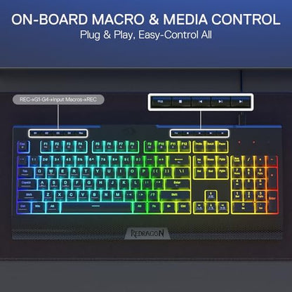 Redragon K525 RGB Backlit 104 Keys Wired Membrane Gaming Keyboard w/ 5 Multimedia Keys & 4 Extra On-Board Macro Keys, Dedicated Media Control, Ergonomic Wrist Rest, Linear Mechanical-Feel Switch - color: Black, size: 104 Keys Lite