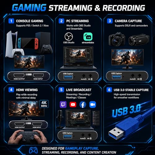 Guermok USB 3.0 HDMI Capture Card, 1080P 60FPS & 2K30 Video Capture Device | 4K HDMI Pass-Through, Mic Input & Audio Output, USB Video Game Capture for OBS Streaming, PS5, Switch 2/1, Xbox1, Camera, PC