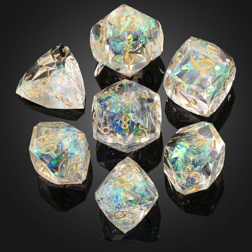 MoKo Resin DND Dice Set, 7PCS Sharp Edge Polyhedral, Amber | Gold Numbers, D&D RPG Tabletop Games, Gift Box Storage Bag, D20 D12 D10 D8 D6 D4 D% - color: 3 - Amber