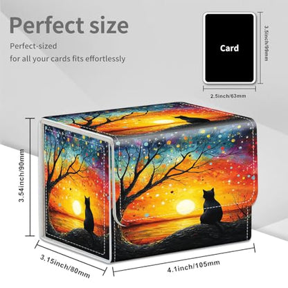 Cat Sunset Tree for MTG Deck Box, 100+ Double Sleeved Card Storage Case, PU Leather Commander Deck Case for TCG Magic Yugioh, Magnetic Closure - color: Cat Sunset Tree