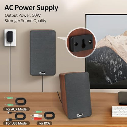 PC Speakers 50W,Wooden 2.0 Bookshelf Speakers | Bluetooth, RCA, AUX (3.5mm), USB (DSP) Inputs | Strong Bass Computer Speakers for Turntable, TV, Laptop,Record Player