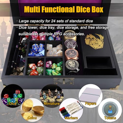 DND Dice Tray & Tower Storage Box, Wooden Dice Holder Case Organizer (Rolling Tray, Dice Roller Tower, Dice Container), RPG Accessories for Dungeons and Dragons/D&D MTG Board Game DM & Player Gifts