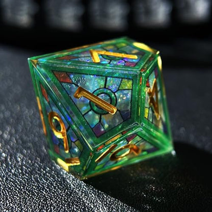 HAOMEJA Double Layered Resin Dice Set 7pcs/ Stained Glass Effect & Gold Numbers/Sharp Edged Polyhedral Dice/Apply to D&D/DND/Role Playing Game/RPG/Party Gift (Green Sky) - color: 1 Green Sky