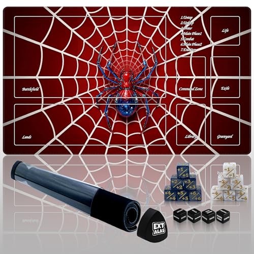 MTG Playmat with Storage Tube & 7-Dice Set - Waterproof TCG Playmat with Stitched Edges, Non-Slip Rubber Card Game Mat (24"x14") (playmat with Zones, Spider) - color: Spider, style: playmat with zones
