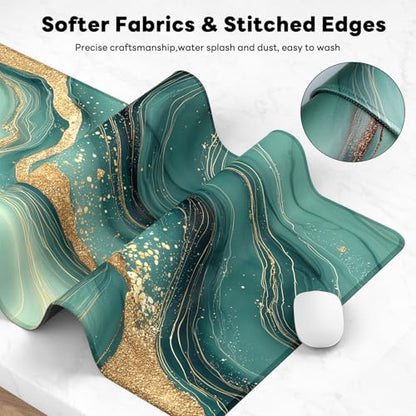 Large Gaming Mouse Pad, XL Desk Protector, Non-Slip Base | 31.5x15.7 in Extended Desk Mat with Stitched Edges for Keyboard, Work, Game, Office, Home PC and Laptop - color: Gold Marble