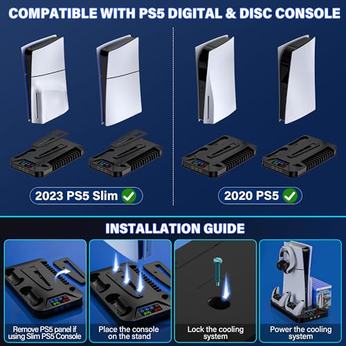 PS5 / PS5 Slim Cooling Station with Controller Charging Station for PlayStation 5 Console Disc/Digital, Cooling Stand for PlayStation 5 Slim with Cooler Fan Accessories with 3 USB Hubs/Headset Holder - color: Black
