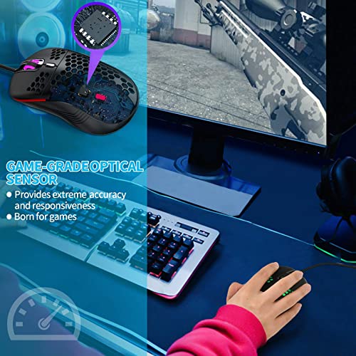 Techsea Honeycomb Wired Gaming Mouse with RGB On/Off Switch, 7200 Adjustable DPI, Ergonomic Lightweight Design & High Precision Sensor for PC/Mac Gamers (Black) - color: Black
