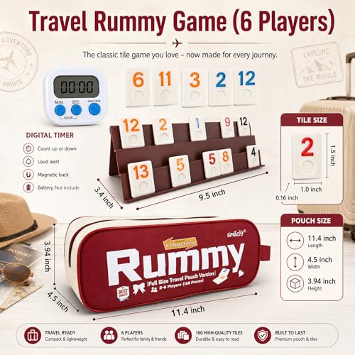 Smilejoy Rummy Cube 6 Players Edition, Full Size Travel Rummy Game Set with Travel Portable Canvas Bag,Classic Board Game for Adults and Kids |160 Tiles | 6 Playing Racks |1 Timing | (2-6 Player) - style: Large (2-6 player)