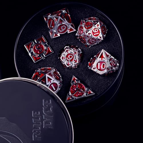 RULE DICE Metal DND Dice Set, D&D Dungeons and Dragons Dice, Large Role Playing Polyhedral D&D Dice Sets, Red Weighted Metallic D and D Dices, MTG RPG Dice DND with D & D Gifts Box - color: Silver-red