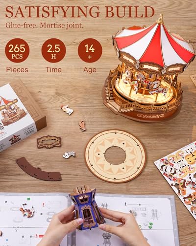 Rolife Wooden 3D Puzzles for Adults, DIY Carousel Music Box with Chaser Lights 11.6" Model Building Kit, Construction Project Craft Kits for Adults Hobby Home Decor Chiristmas Gifts for Boys Girls