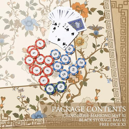 Chinoiserie Mahjong Mat with 1 Carrying Bag 31.5" x 31.5" Beige and White Rubber Anti Slip and Noise Reduction Multi Purpose Game Table Cover for Card, Board Tile Games - color: Beige