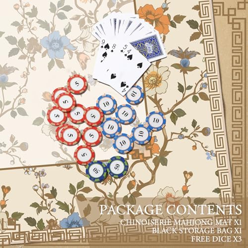 Chinoiserie Mahjong Mat with 1 Carrying Bag 31.5" x 31.5" Beige and White Rubber Anti Slip and Noise Reduction Multi Purpose Game Table Cover for Card, Board Tile Games - color: Beige