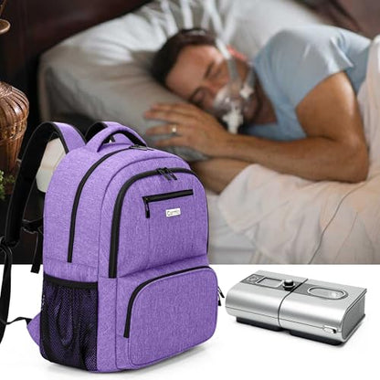 CURMIO CPAP Backpack Compatible with ResMed AirSense 9 10 11, Purple | CPAP Supplies Storage Bag with Chest Belt for Power Supply, Mask, Headgear strap, Tubes, Empty Bag - color: Purple