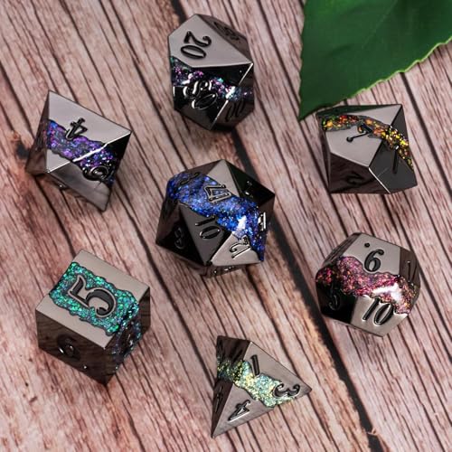 Galaxy Metal Dice Set, 7PCS Polyhedral DND Dice with Glitter Resin Inlay, Heavy Metal RPG Dice for Dungeons and Dragons Tabletop Games - color: Black Nickel Seven Colors