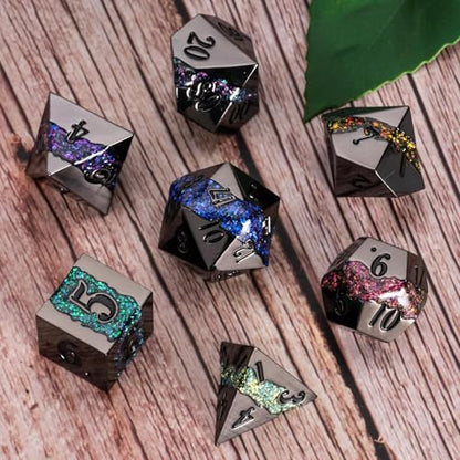 Galaxy Metal Dice Set, 7PCS Polyhedral DND Dice with Glitter Resin Inlay, Heavy Metal RPG Dice for Dungeons and Dragons Tabletop Games - color: Black Nickel Seven Colors