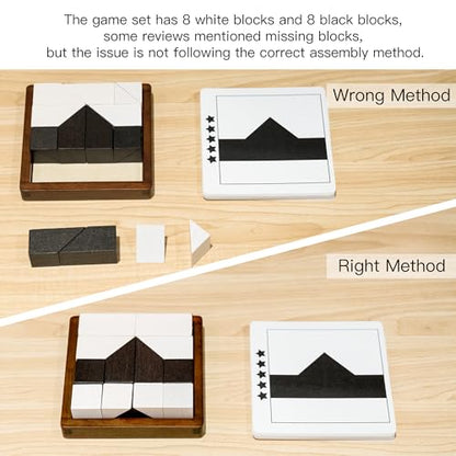 Wooden Hidden Blocks Puzzle Game - 80 Brain Challenges with Solid Wood Box & Deluxe Black and White Pieces, 3D Logic & Spatial Thinking Tabletop Toy, Perfect for Family Fun & Creative Gifts
