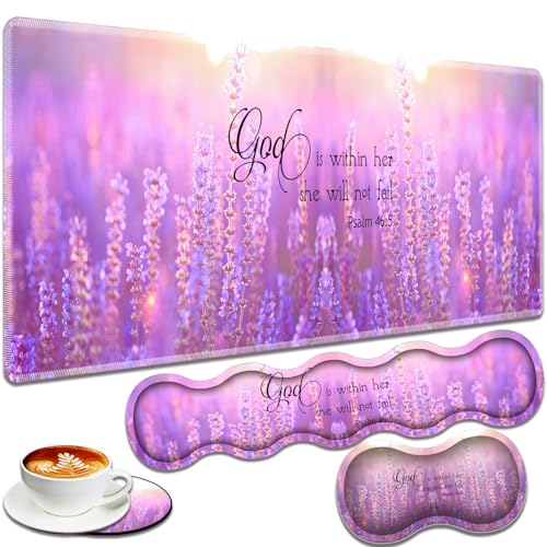 Large Gaming Mouse Pad + Keyboard Wrist Rest + Wrist Support + Coaster Set, Memory Foam Ergonomic for Easy Typing, XXL Extended Gaming Mouse Pad Table Pad - Quote Bible Verse Psalm 46:5 - color: Quote Bible Verse Psalm 46:5