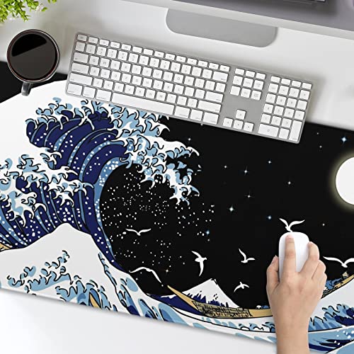 Kanagawa Surfing and Black Mouse Pad, Large Gaming Mouse Pad,Japanese Wave Desk Mat,Laptop Mousepad Non-Slip Rubber Desk Pad Keyboard Waterproof for Computer Desk Mat 11.8x31.5 in - color: Kanagawa Surfing, size: 11.8" x 31.5"