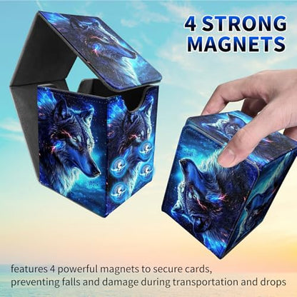 Blue Wolf Deck Box - MTG Commander Case for 100+ Sleeved Trading Cards, PU Leather Magnetic Storage Box for TCG CCG Magic Cards - color: Card Deck Box-579