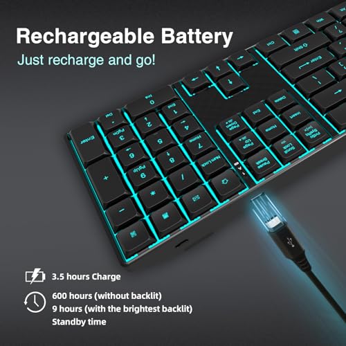 POWZAN Wireless Backlit Keyboard Quiet - Computer Rechargeable Ergonomic Light UP Keyboard, Silent Keys Full Size Compatible for Windows, Desktop, Laptop, PC, Gaming, PS5 - Black - color: Black