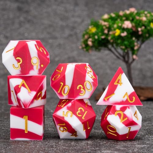 Sharp Edge Silicone Rubber Poly D&D Dice Set DND Polyhedral Dice 7pcs (D4, D6, D8, D10, D12, D20, D%) for Dungeons and Dragons, RPG, MTG for Ages 15 and Up - color: White and Red