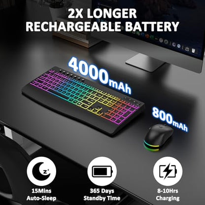 Wireless Keyboard and Mouse Combo, 9 Backlit Effects, 4000mAh Rechargeable Backlit Keyboard with Wrist Rest, 6 Button Mouse, 2.4G Full Size Quiet Keyboard Set for Computer, PC, Laptop, Mac, Windows