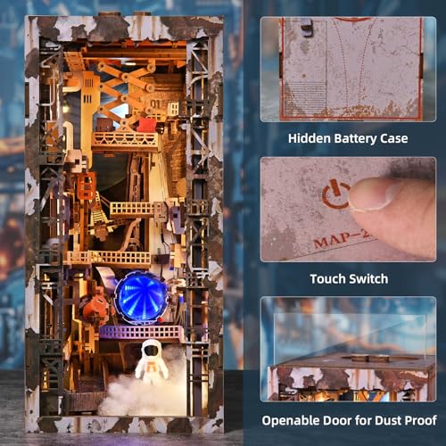 MiniCity Aerospace Foundry Book Nook Kit, DIY 3D Wooden Puzzle with LED | 341-piece wood/paper/plastic kit with LED and dust cover; glue/tools included; 8-10 hr project for shelf decor, ages 14+. - style: Aerospace Foundry