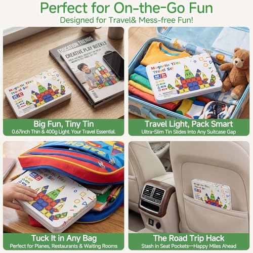 Mini Magnetic Tiles for Kids Travel: 40 PCS Cartoon Tin Box Magnet Building Blocks to Stop Crying - 60 Mins Quiet Play 30s Cleanup - Birthday Gift Boys Girls Age 3-8 - style: Colorful 40PCS