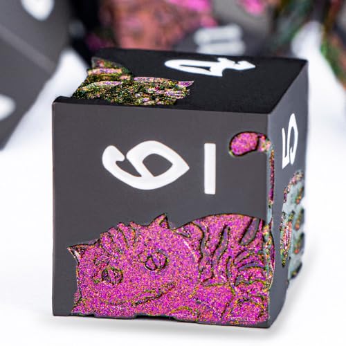 Metal DND Cat Dice 7PCS Polyhedral RPG Dice Set with Gift Case for Dungeons Dragons Role Playing Game, D and D Dice D6 D8 D10 D12 D20 D% (Purplish Red) ﻿ - color: Cat-purple Red&black