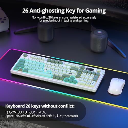 Fogruaden 96% Wireless Green Keyboard with Number Pad and Knob, Mechanical Feel, RGB Quiet Matcha Membrane Gaming Keyboard, Spill-Resistant, 3-Modes USB Rechargeable Silent Creamy Keyboard for Win/Mac - color: Matcha