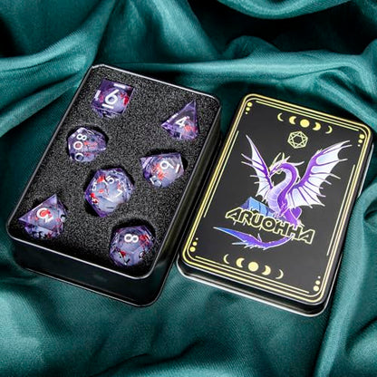 ARUOHHA DND Resin Dice Plum Blossom Liquid Core Silver Purple Sharp Edged Polyhedral Dragons Dice Set with Gift Box, Dungeons D and D Dice Compatible with D&D Role Playing Game D20 D12 D8 D6 D4 - color: Flower&purple White-1