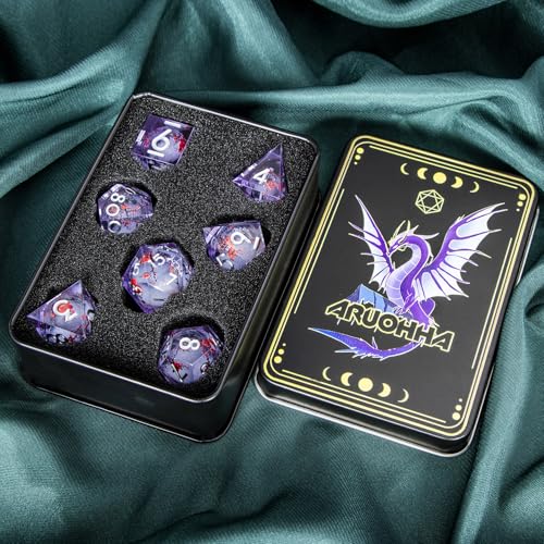 ARUOHHA DND Resin Dice Plum Blossom Liquid Core Silver Purple Sharp Edged Polyhedral Dragons Dice Set with Gift Box, Dungeons D and D Dice Compatible with D&D Role Playing Game D20 D12 D8 D6 D4 - color: Flower&purple White-1