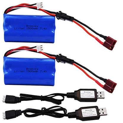 Blomiky 2 Pack 7.4V 1500mAh Li-ion Rechargeable Battery SM-2P Plug with T Adapter and USB Cable Suitable for H101 H103 H105 RC Boat RC Trucks / H101 Battery & T 2