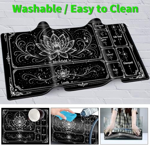 Playmat for MTG with Zones, 24 x 14 Inch Card Game Mat, Stitched Edges, Non Slip Rubber Base, 2mm Washable Play Mat with Storage Bag, Lotus Flower Design, White Color - color: White