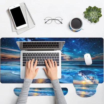 Britimes Blue Sea and Starry Sky Keyboard Mouse Pad Set 4in1 Large Mousepad+Keyboard Wrist Rest+Mouse Wrist Rest+Coaster Set with Ergonomic Design for Home Office Computer 35.4x15.7 inches - color: Blue Sea and Starry Sky
