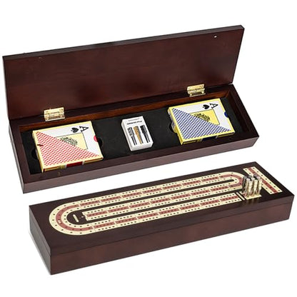 ESENHARBER Cribbage Board Game Set, Premium Wooden Board with Magnetic Lock and Metal Pegs, 2 Playing Cards, and Large Storage - Travel-Friendly Continuous 3 Track Board - style: Classic