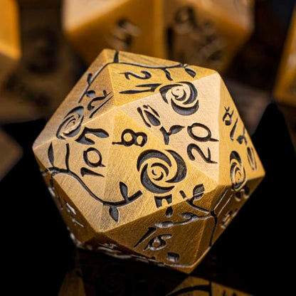 Gothic DND Dice Set Bleeding Rose Metal D and D Dice for use with Dungeons Dragons D&D Role Playing Game, Antique Gold RPG Blood Polyhedral Dice Set D20 D12 D10 D8 D6 D4 - color: Antique Gold