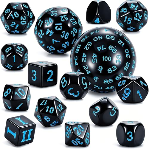 CiaraQ DND Polyhedral Dice Set (15pcs) D4-D100 Game Dice with Dice Bag | Acrylic Role Playing Dice for Dungeons and Dragons MTG Table Games (Black & Blue) - color: Black & Blue