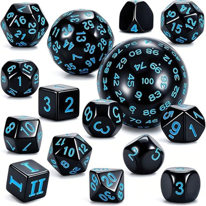 CiaraQ DND Polyhedral Dice Set (15pcs) D4-D100 Game Dice with Dice Bag | Acrylic Role Playing Dice for Dungeons and Dragons MTG Table Games (Black & Blue) - color: Black & Blue