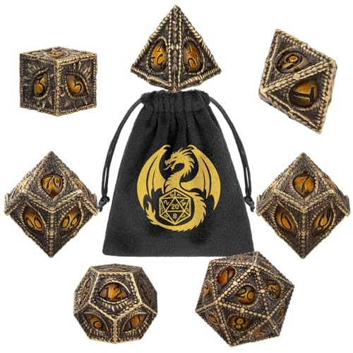 Metal Dice Set, Dragon Eye Theme, 7pcs Polyhedral Metal DND Dice Set, DND Starter Set, D&D Gifts with Gift Bag, Role Playing Board Games Accessories, Bronze Amber - color: Bronze Amber With Gift Bag