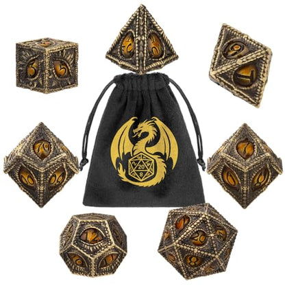 Metal Dice Set, Dragon Eye Theme, 7pcs Polyhedral Metal DND Dice Set, DND Starter Set, D&D Gifts with Gift Bag, Role Playing Board Games Accessories, Bronze Amber - color: Bronze Amber With Gift Bag