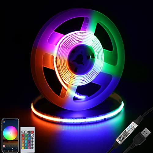 5V USB COB RGB LED Strip, 4.9ft Music Sync Tape Lights with Controller | Color Changing Plug in Rope Lighting, Flexible and Cuttable, High Density Sticky Tape for Car, Computer, Mirror, Bed, DIY - size: 4.92ft-RGB-USB