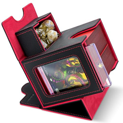 Commander Deck Box for MTG/PTCG/TCG - Patent Pending, Black Red | Card Deck Box with Display Fits 100+ Double-Sleeved Cards, Magnetic Trading Card Box with Dice Tray & 35PT Card Holder - color: Black Red