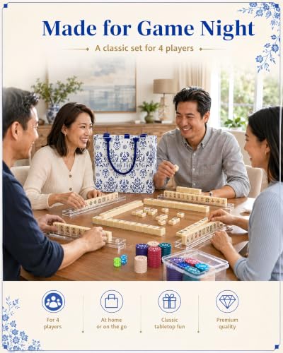 BESTOYARD 1.2-Inch Chinese Mahjong Set, 144 Tiles, 4 Racks and Carrying Bag | Traditional Mahjong Tile Set with 100 Chips, 6 Dice and Rule Book for 4 Players, Beginners, Travel and Family Game Night